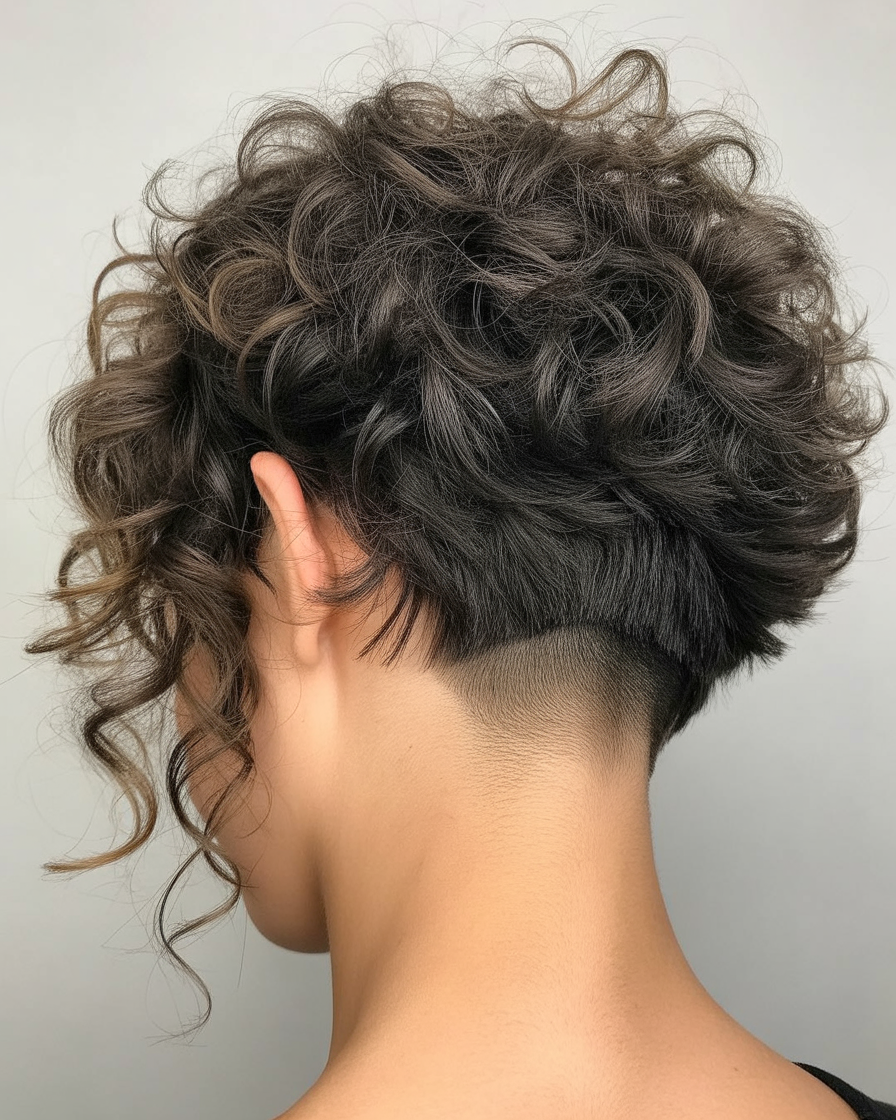 Shaggy curly haircut with an undercut, creating a bold, fashion-forward look with extra volume on top and an edgy undercut.