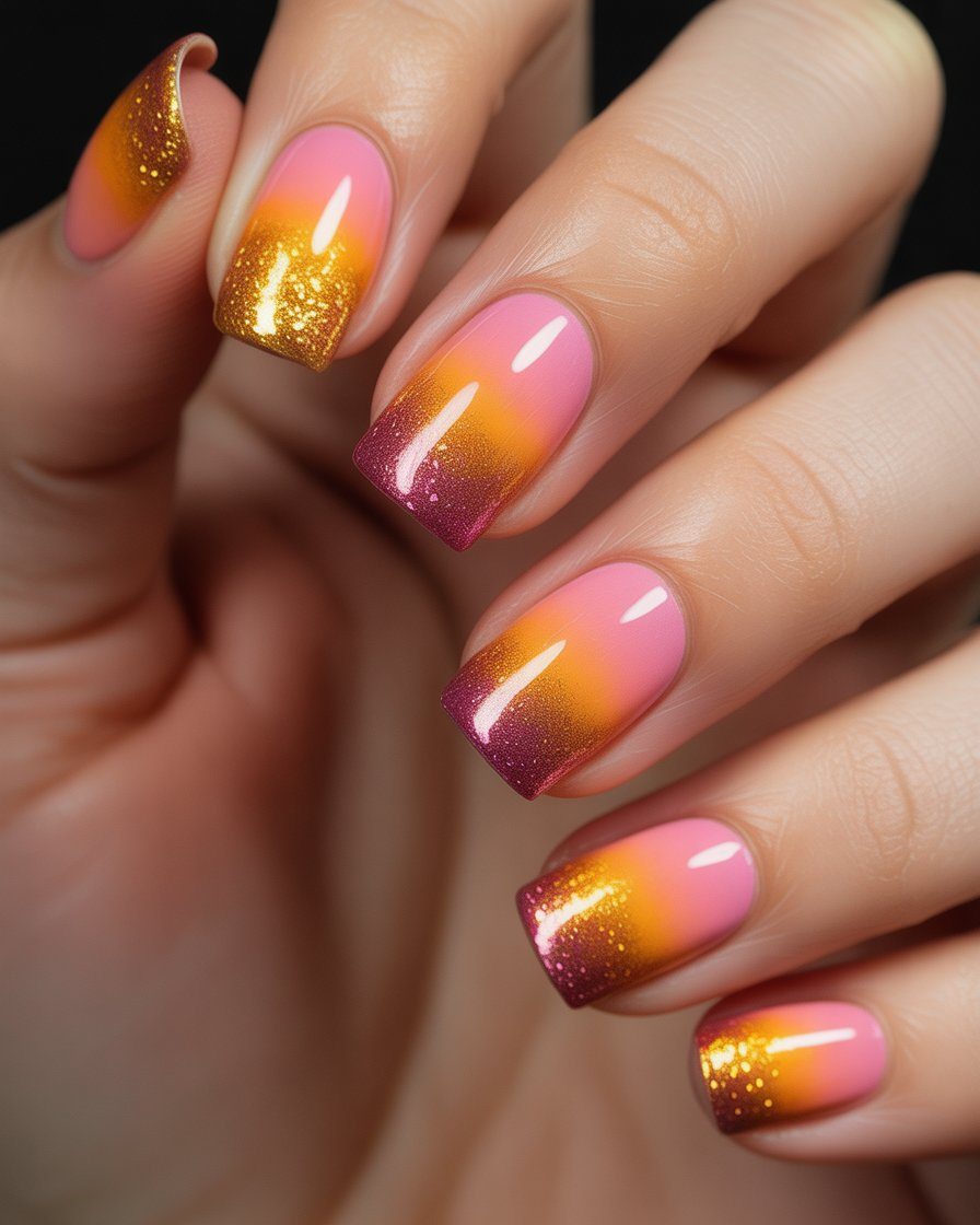 Sunset gradient nails with glitter accents.