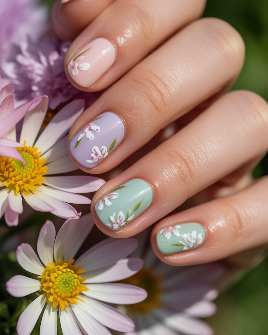 Pastel floral nails with pink and white flowers.
