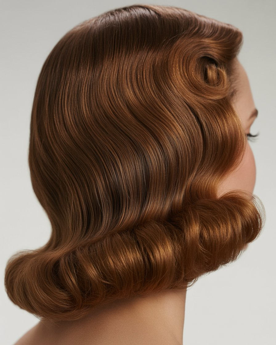 Classic brunette finger waves, creating a vintage, glamorous style with sleek and defined curls.