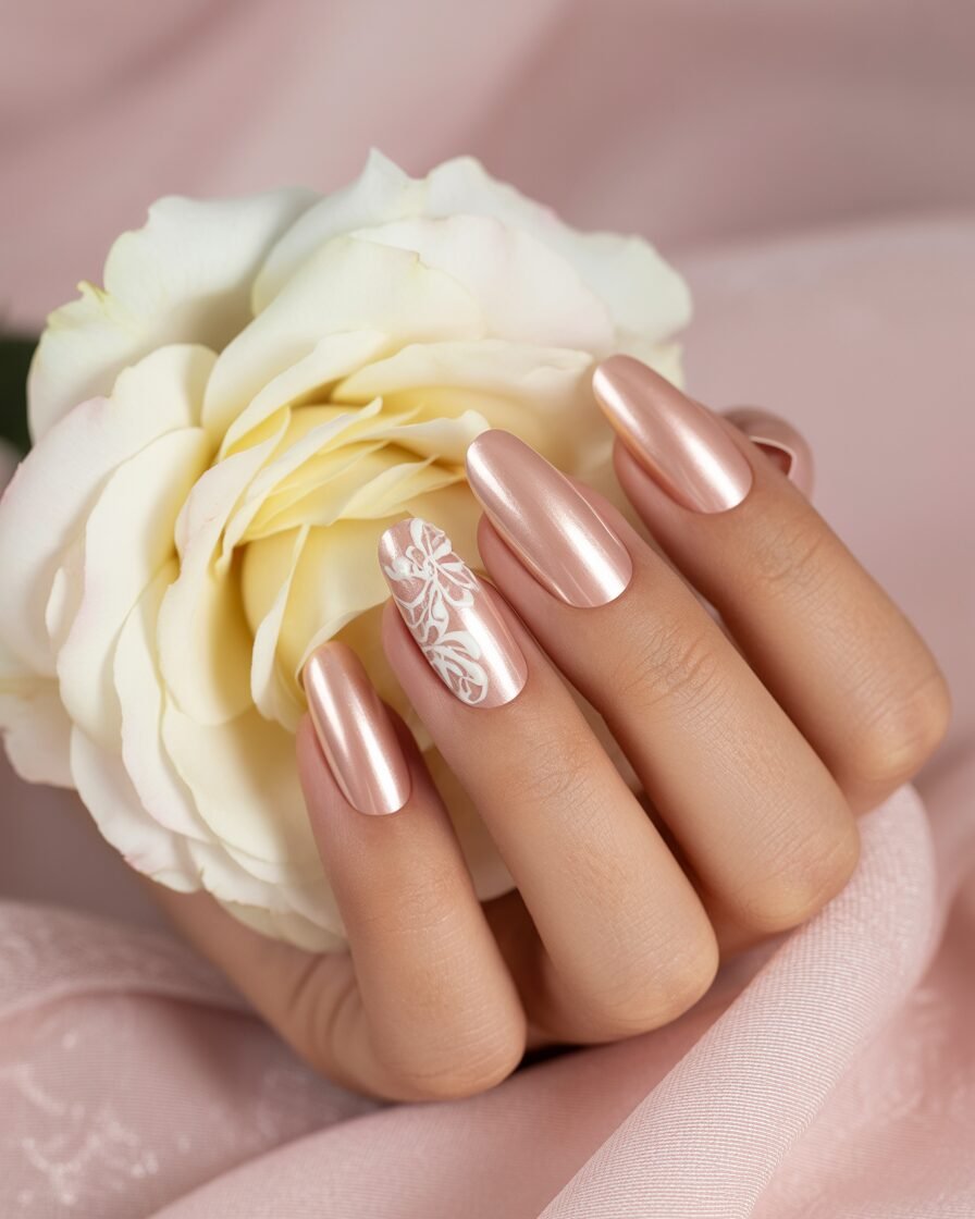 Glossy nude chrome nails holding a white rose.