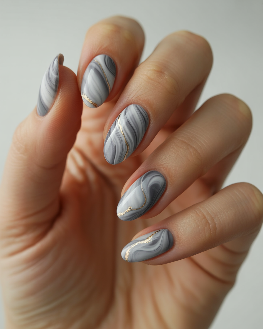 Almond nails with white and grey marble pattern and gold accents.
