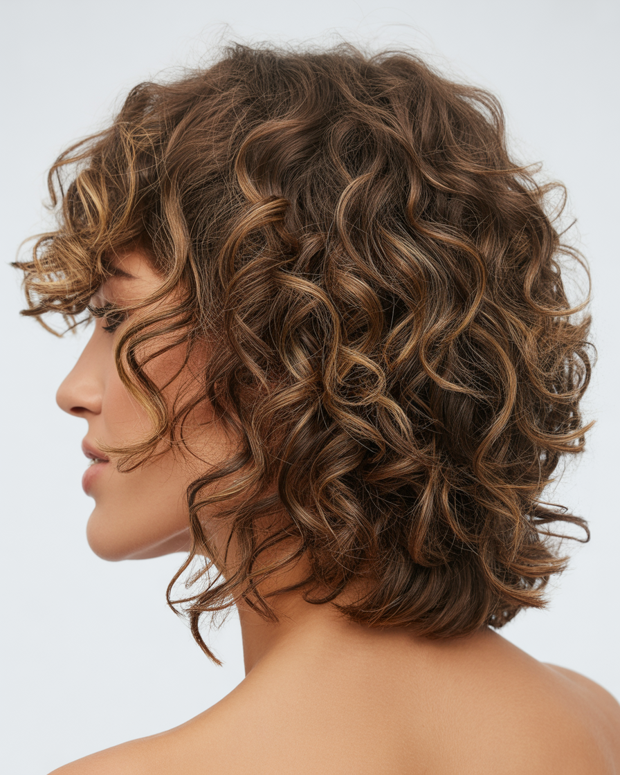 Curly shag with textured ends, offering a voluminous and well-defined style with bouncy curls and textured layers for extra shape.