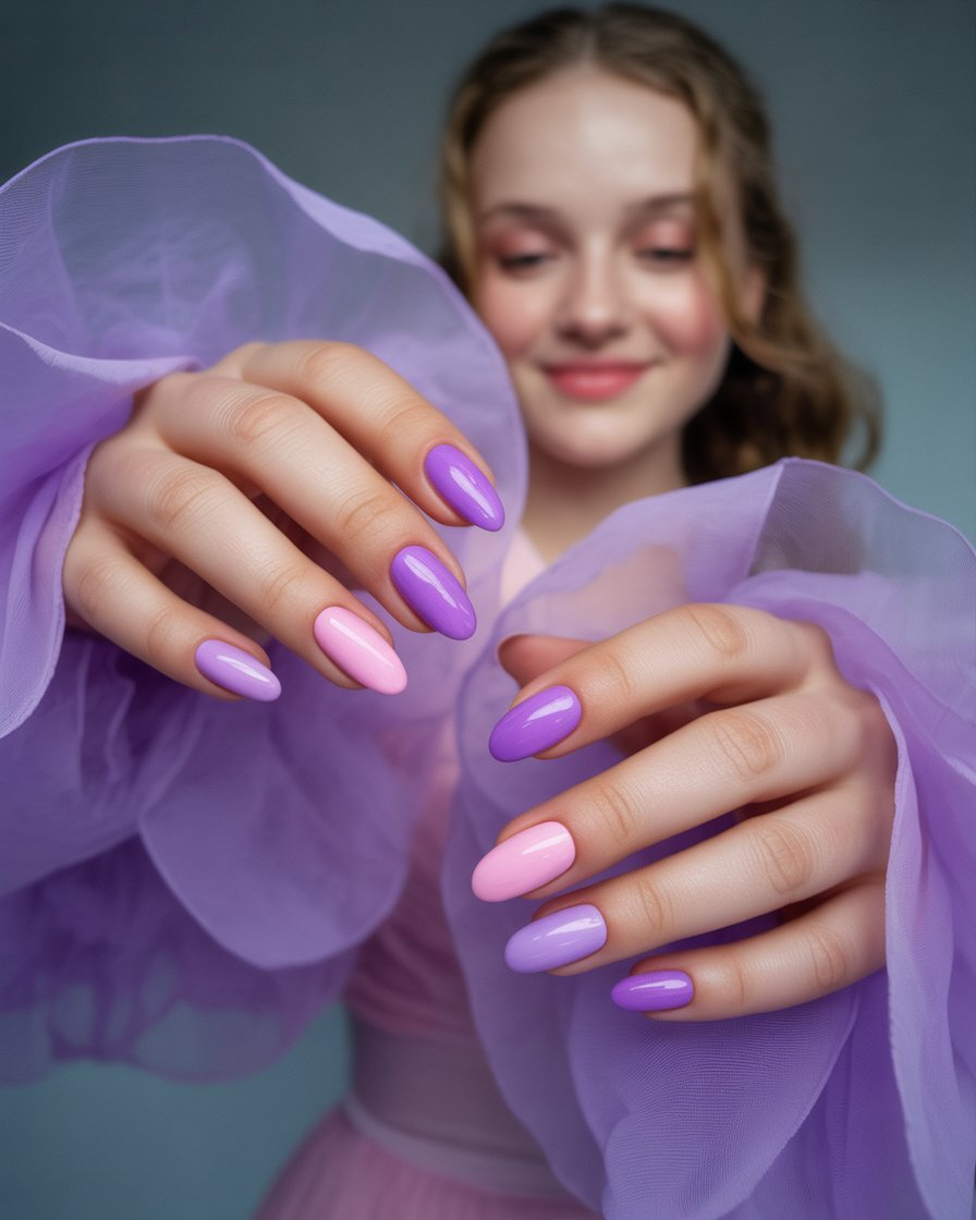 Gradient purple and pink nails for a smooth and colorful prom design