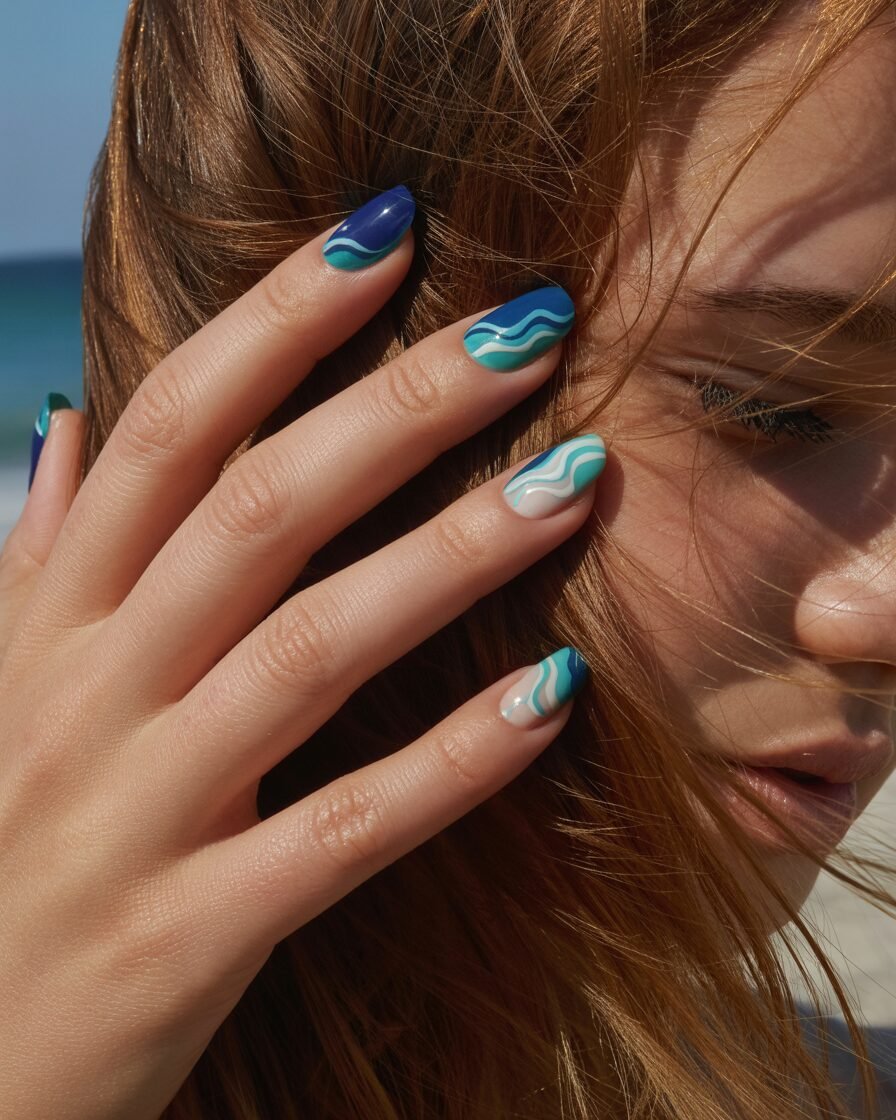 Ocean wave nails with shades of blue and turquoise for a beachy, summer vibe