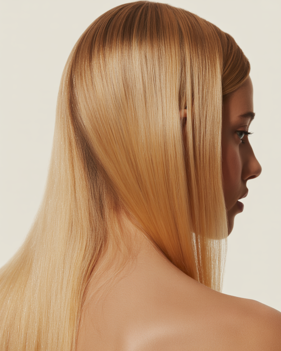 Straight and sleek blonde hairstyle, offering a smooth, polished appearance with shine and sleekness.