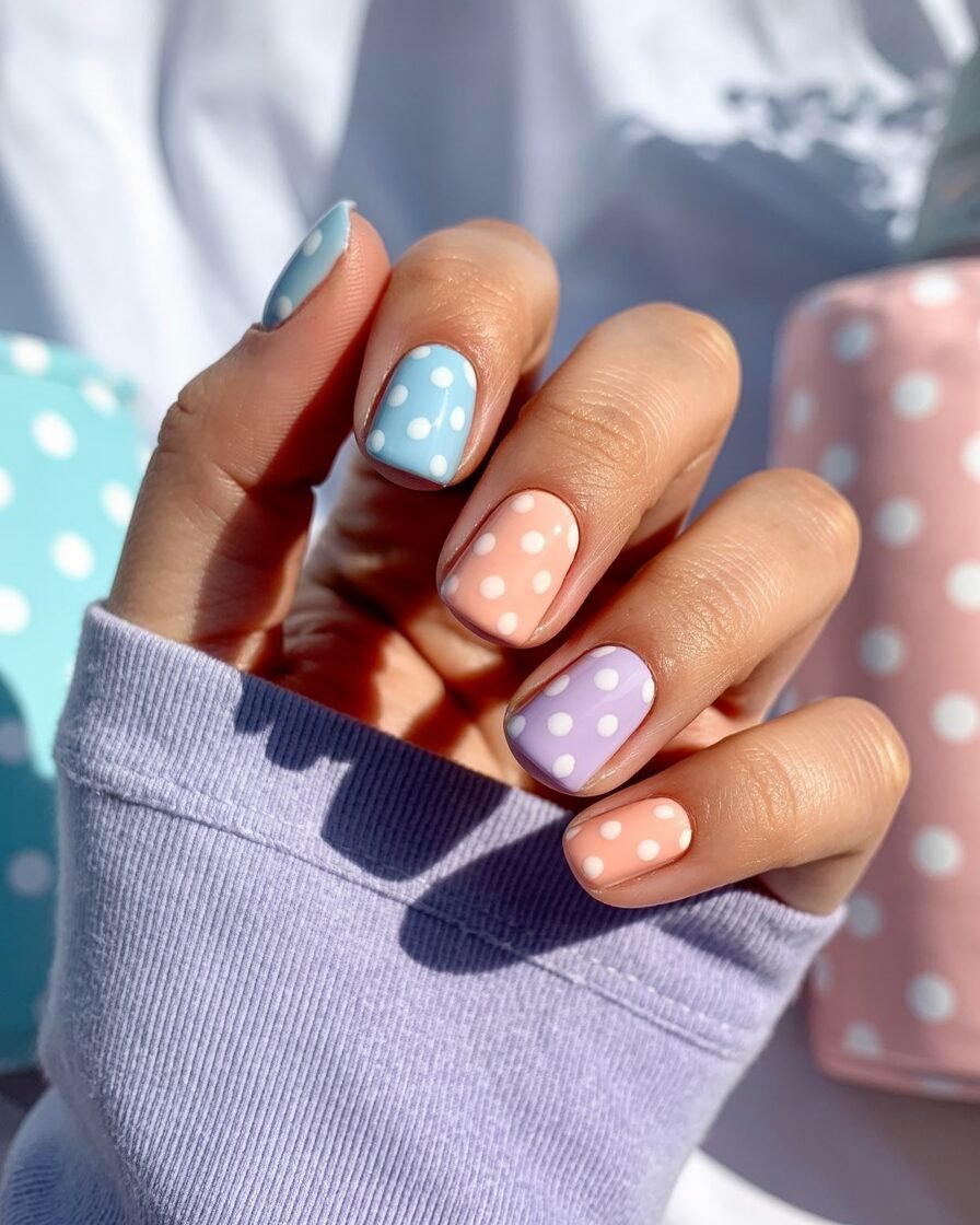 Pastel nails with fun polka dots
