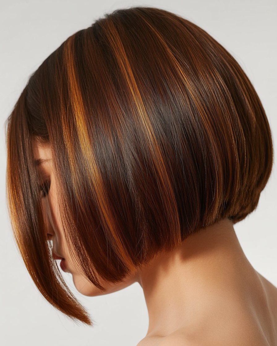 Sleek chocolate brown bob with caramel highlights, combining modern sophistication with subtle warmth.