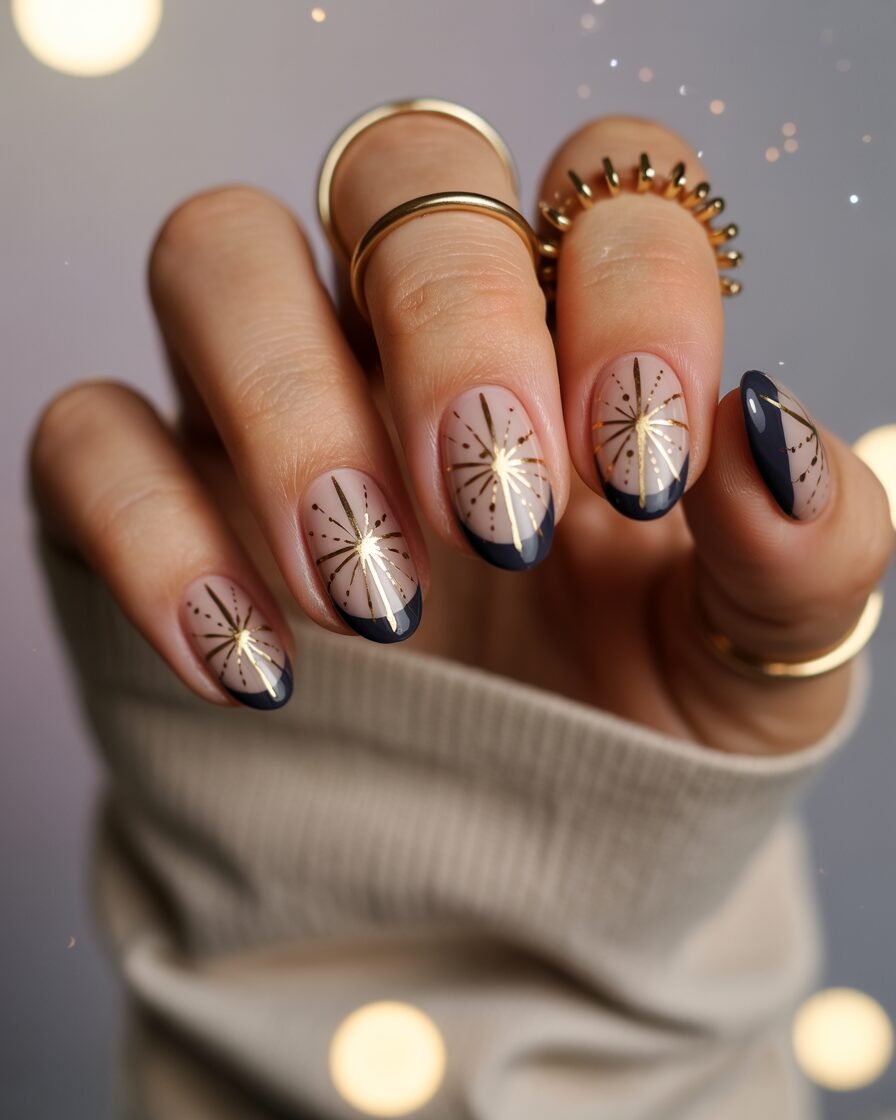 Starburst-inspired nails with gold radiating lines