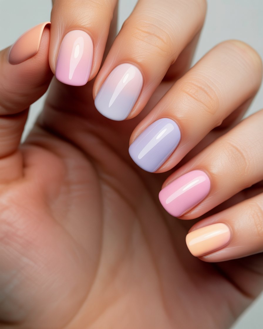 Dreamy pastel sunset gradient nails with light hues.