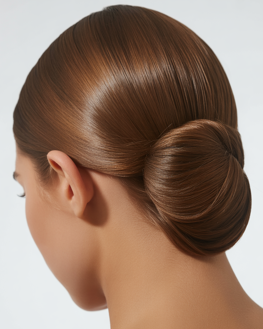 Slicked-back brunette hairstyle, offering a polished, elegant look with a sleek, smooth finish.