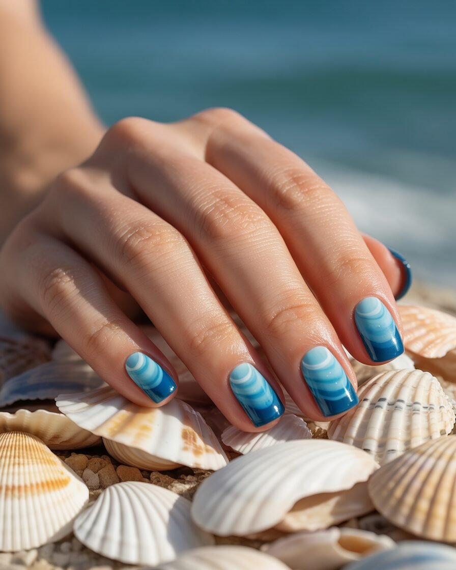 Ocean-inspired nails with blue and white wave designs.