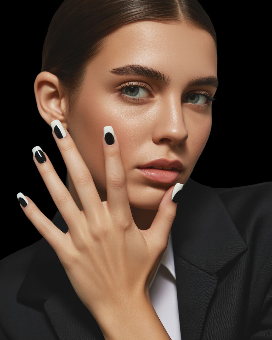 Black and white contrast nails for a bold and chic short nail design.