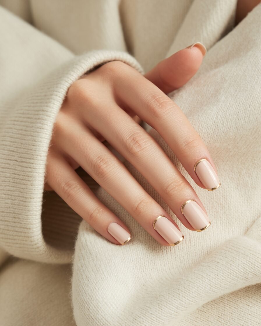 Nude nails with metallic gold accents on tips and cuticles for a chic, sophisticated look.