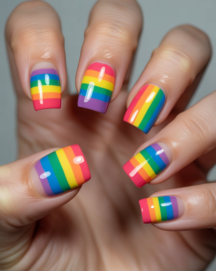Vibrant square nails with bold rainbow stripes for a fun design.
