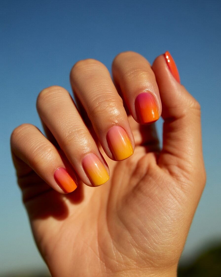 Sunset ombre nails with shades of orange, yellow, pink, and purple for a vibrant summer look