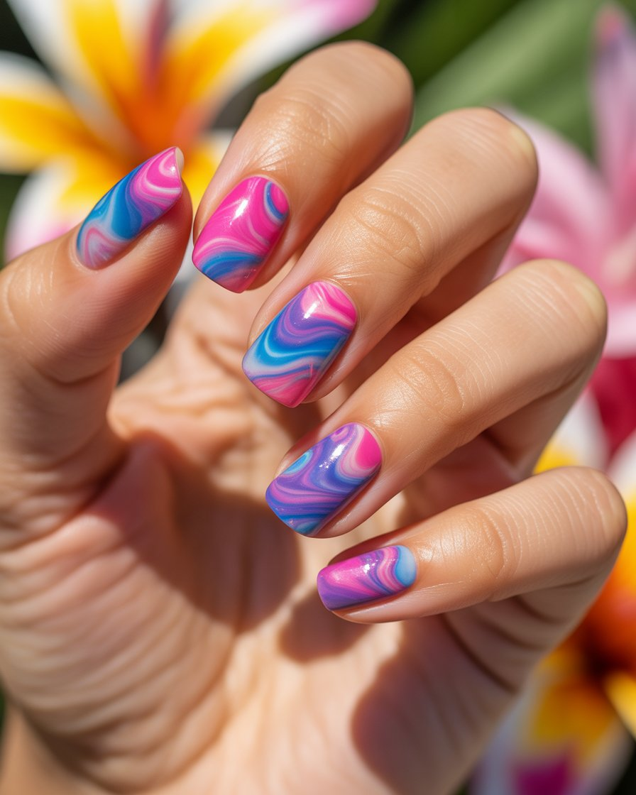 Tie-dye nail art in vibrant tropical colors like pink, blue, and purple.