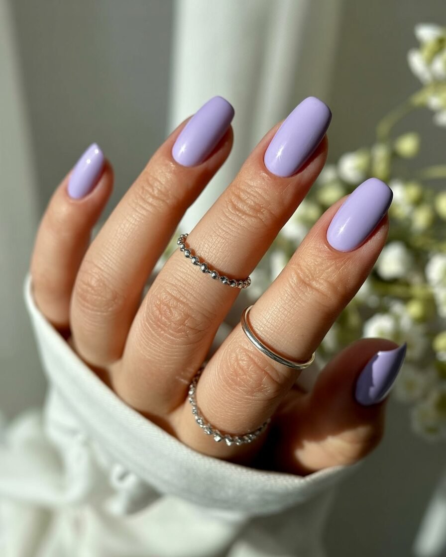 Calming lavender nails with a glossy shine
