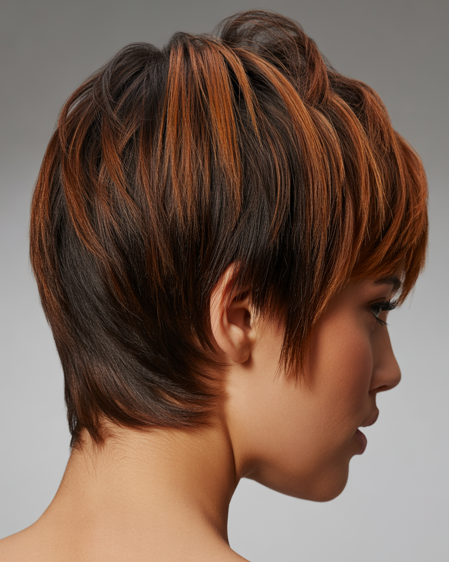 Brunette pixie cut with caramel highlights, giving a bold and modern look with layered texture and dimension.