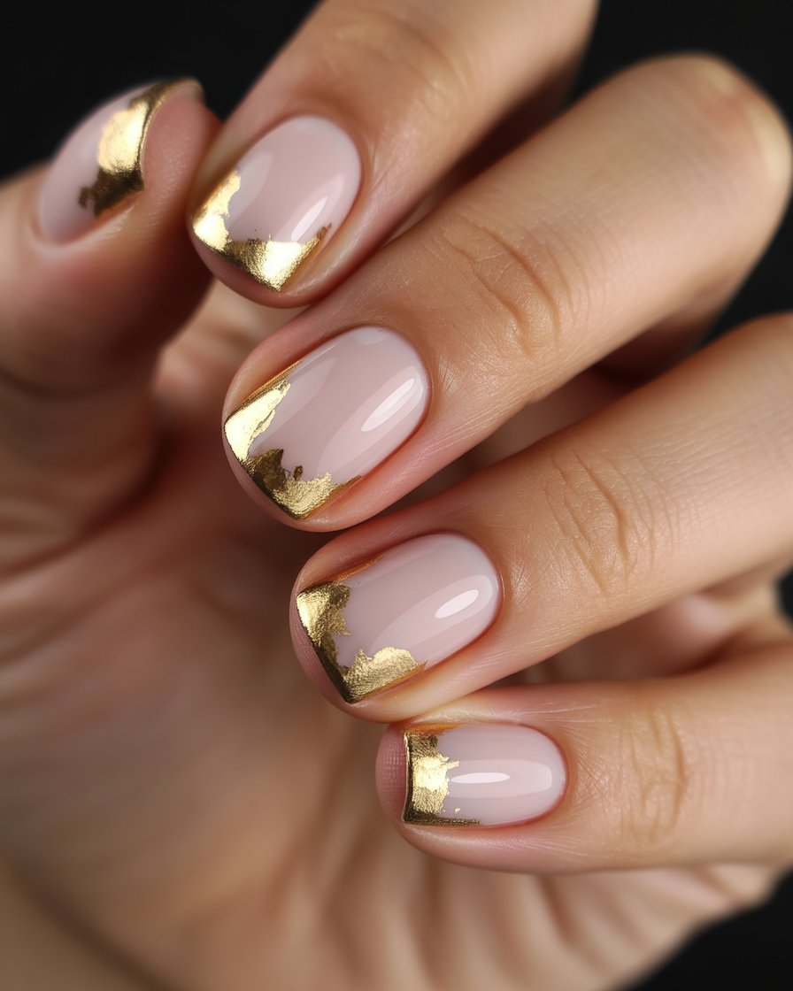 Square nails with delicate gold foil accents for an elegant, luxurious look.