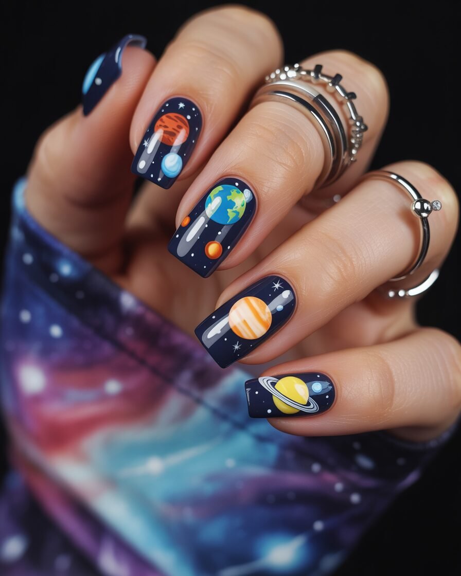 Solar system-inspired nails with vibrant planet designs
