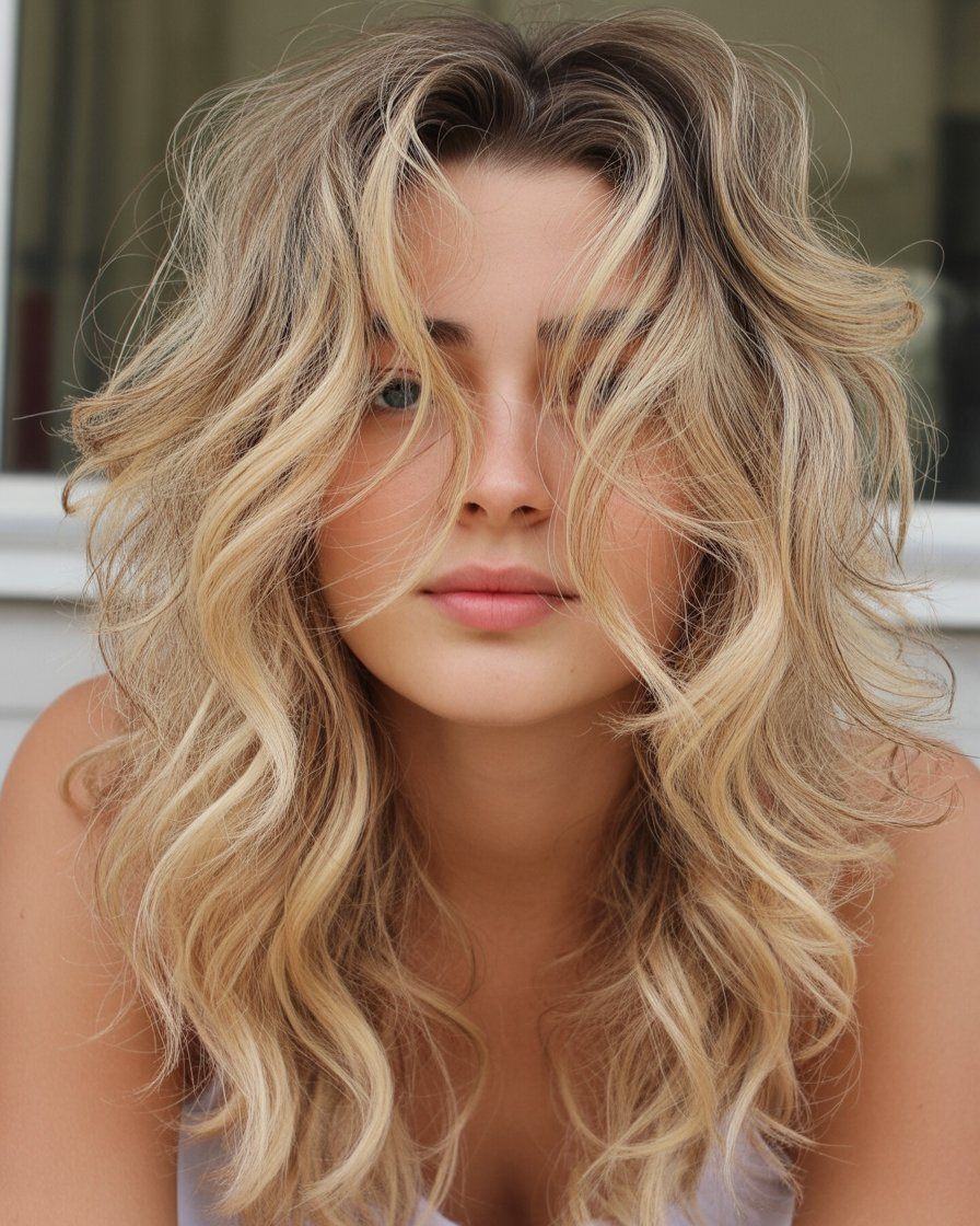 Messy blonde waves with highlights, offering a relaxed, sun-kissed appearance with plenty of texture.