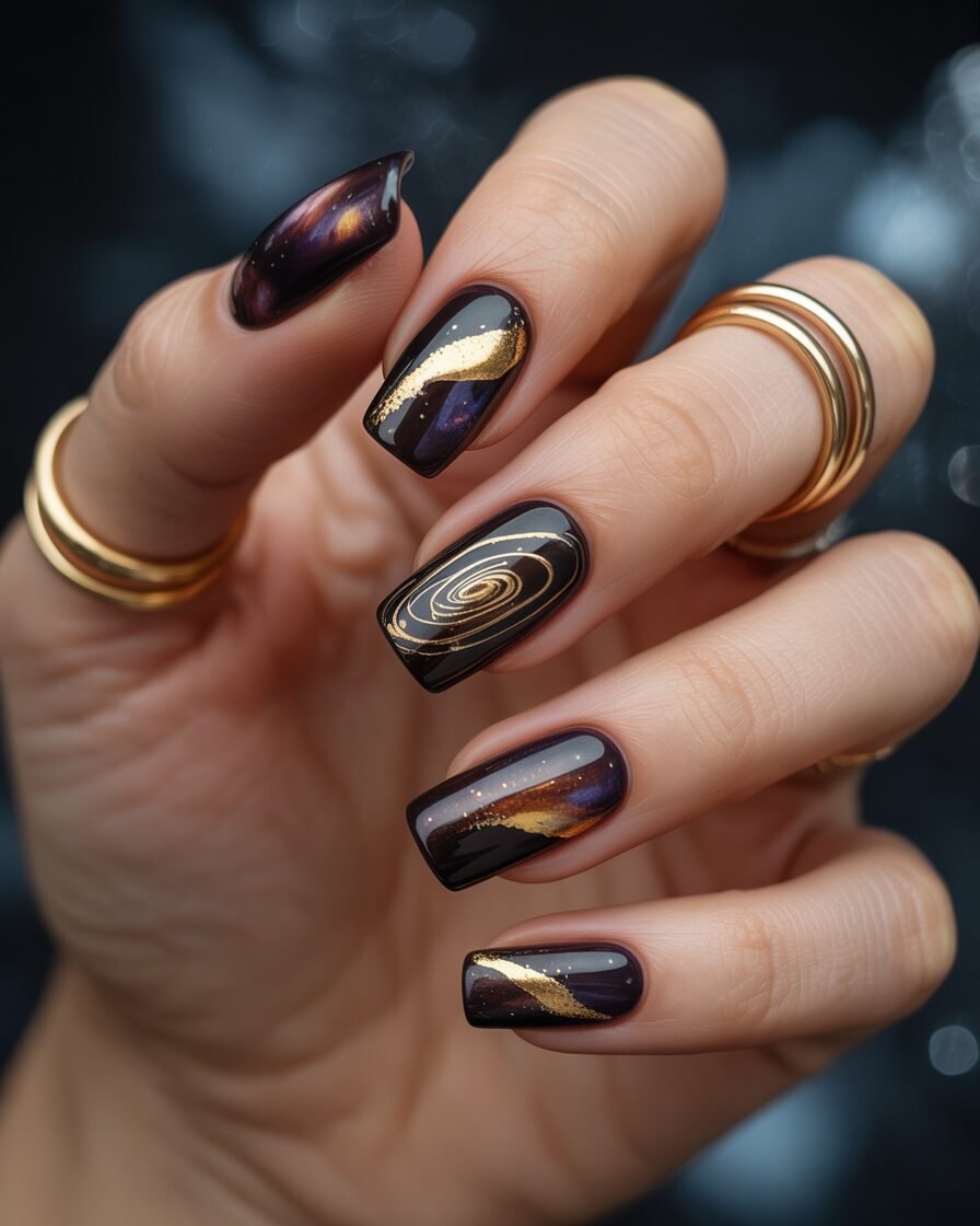 Mysterious black hole nails with gold shimmer