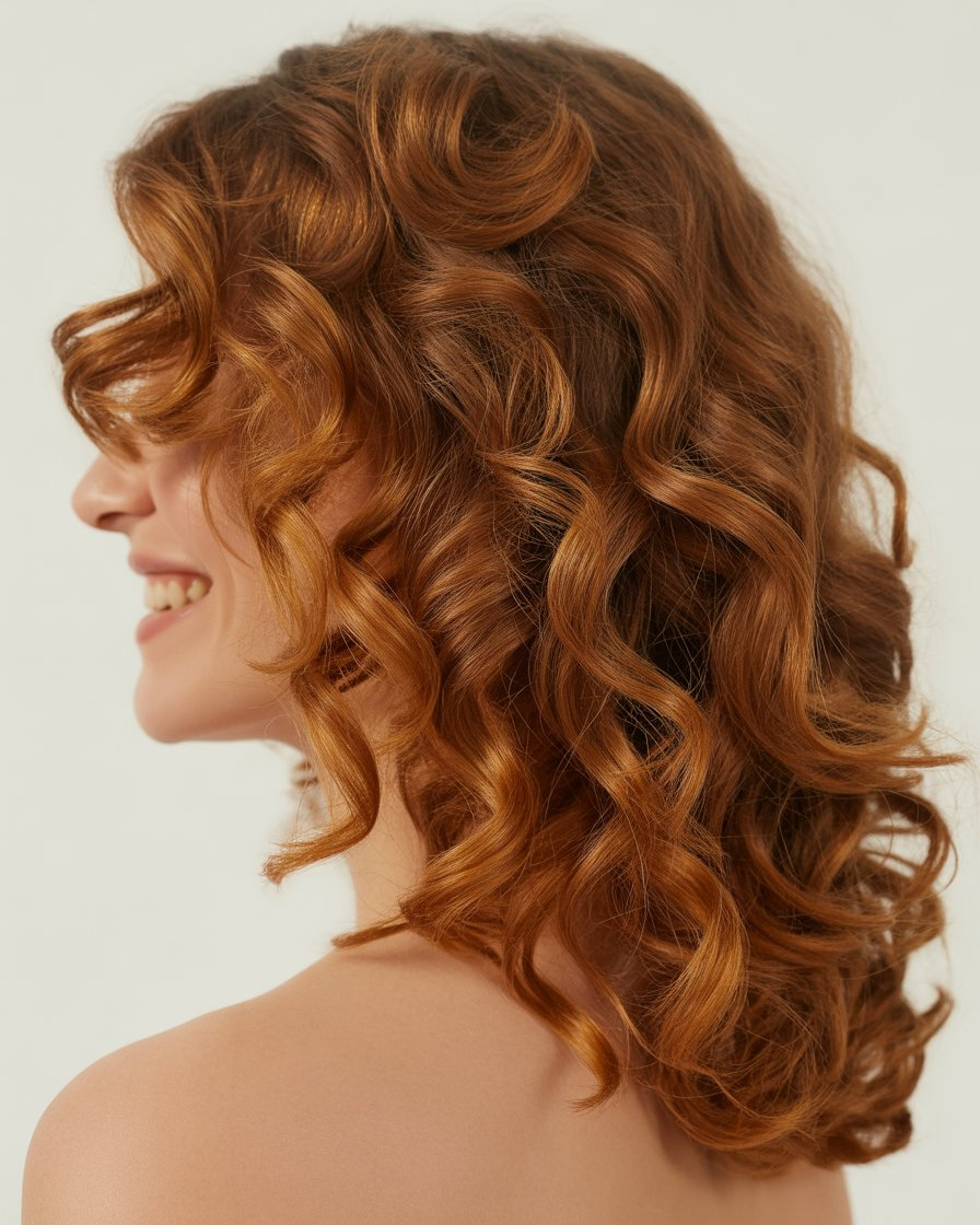 Cinnamon brown hair with loose curls, offering a vibrant and textured look with natural bounce.