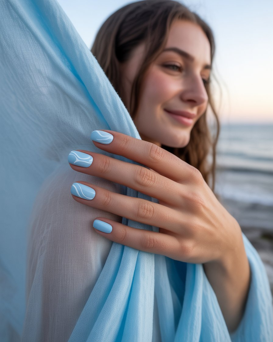 Icy blue and white swirl nails, ideal for a cool and fresh summer manicure.