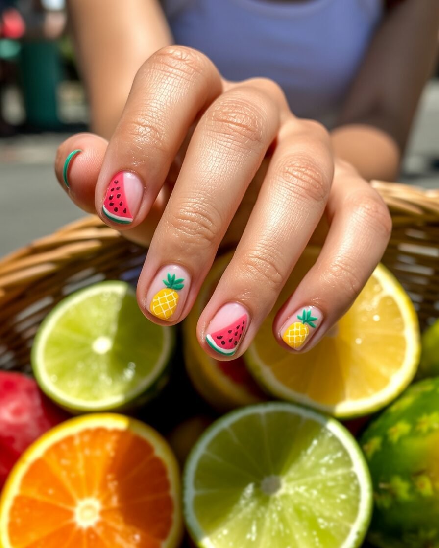 Fruit nail art with watermelon, pineapple, and citrus designs on pastel nails for a playful summer vibe