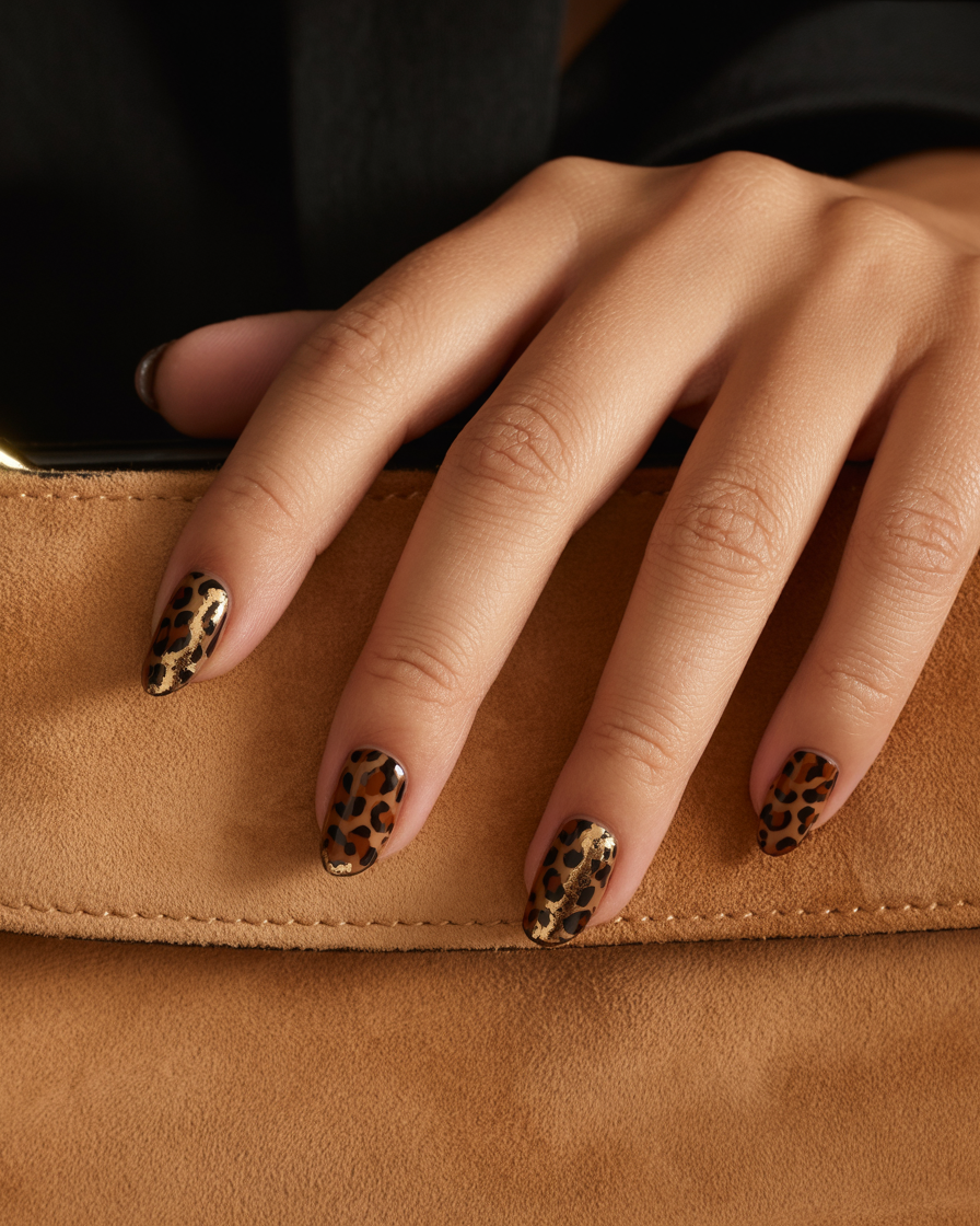 Fun cheetah print nails with metallic highlights.