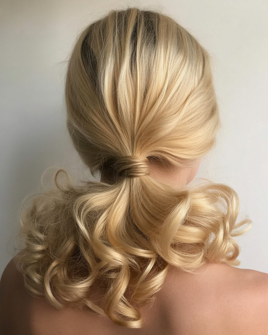 Half-up half-down blonde hairstyle with curls, creating a soft, playful look with volume and movement.