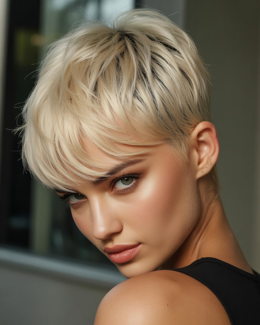 Textured blonde pixie cut, offering a bold, edgy look with light blonde highlights and a chic finish.