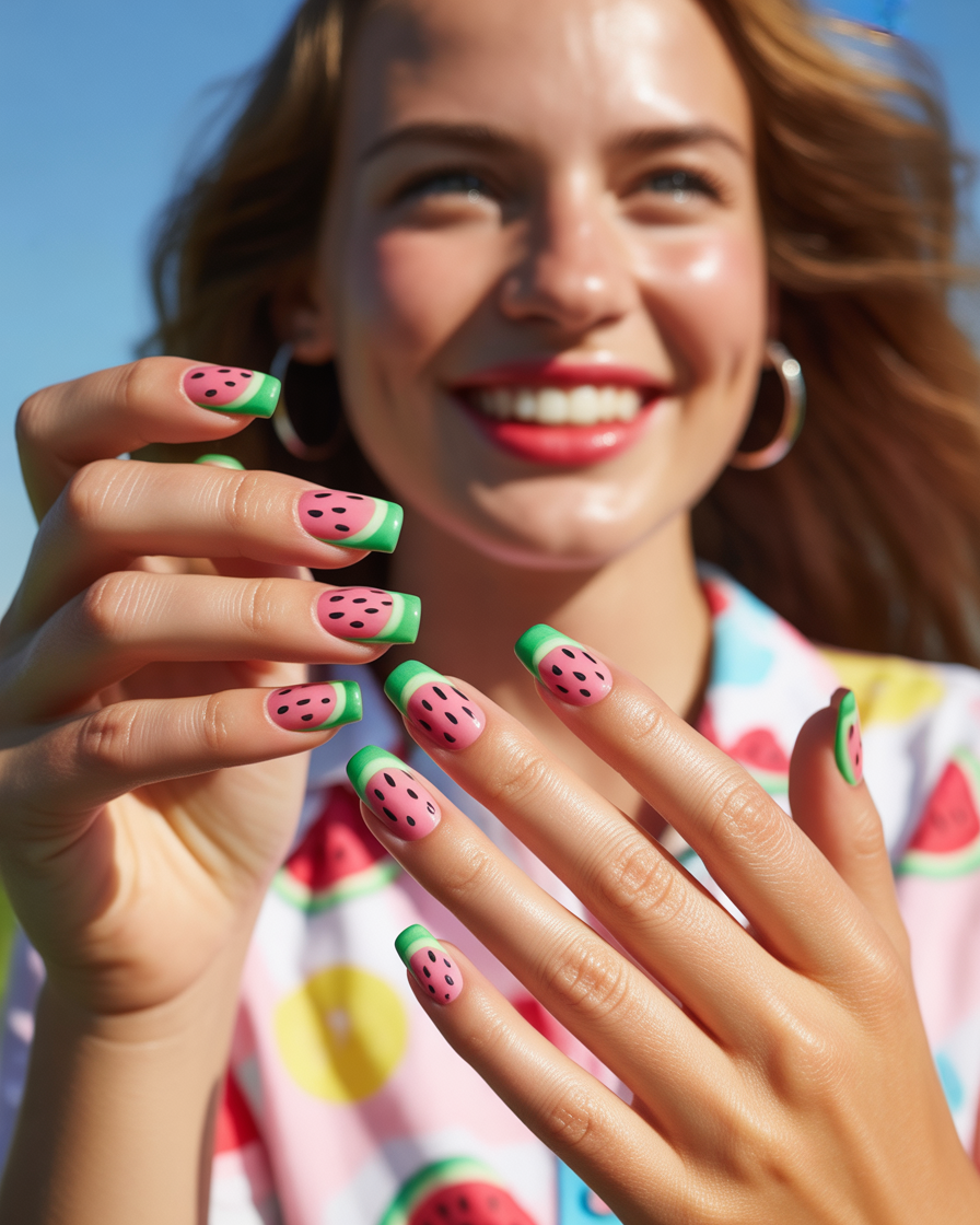 Fruity watermelon nail art with pink and green accents, perfect for a sweet summer style.