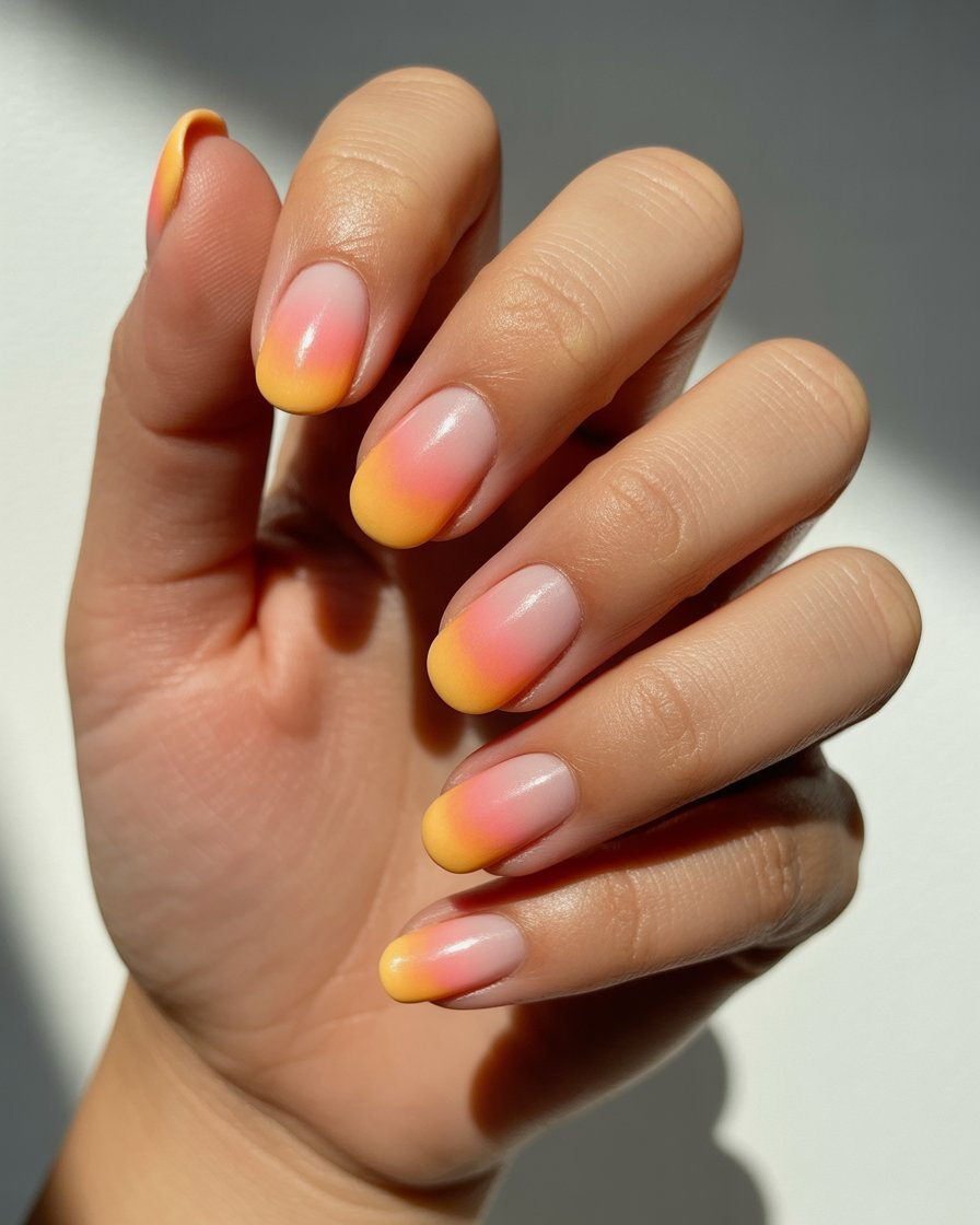 Sunset gradient nails with negative space in between.
