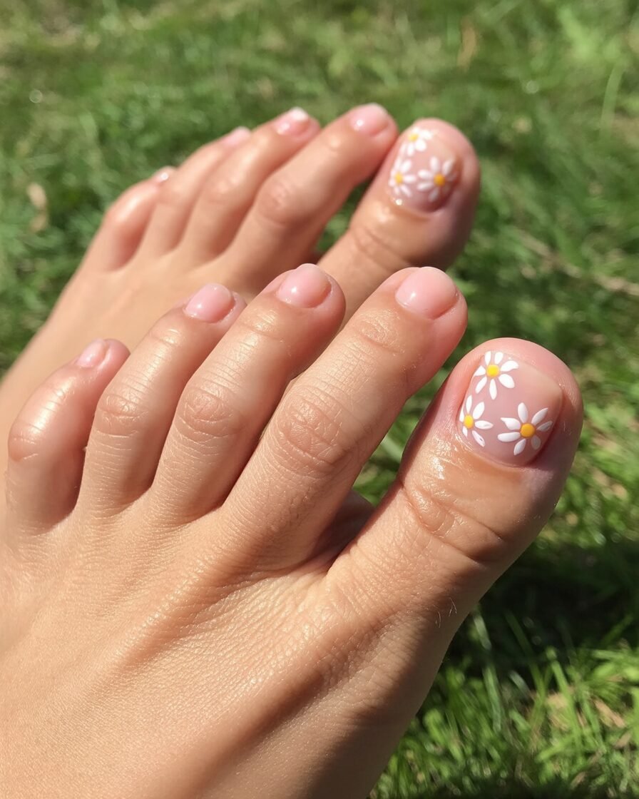 Toe nails with hand-painted daisies on a pink base.
