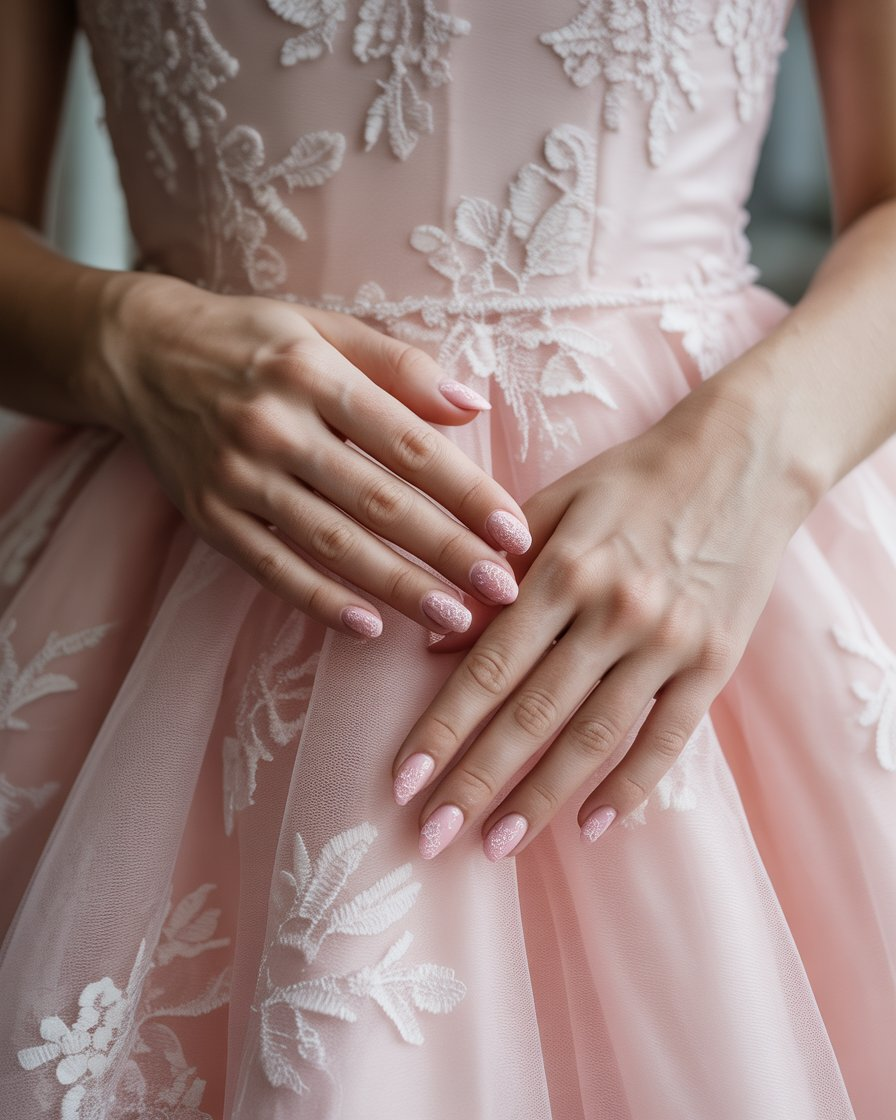 Pink and white lace nail art for a soft, romantic prom design