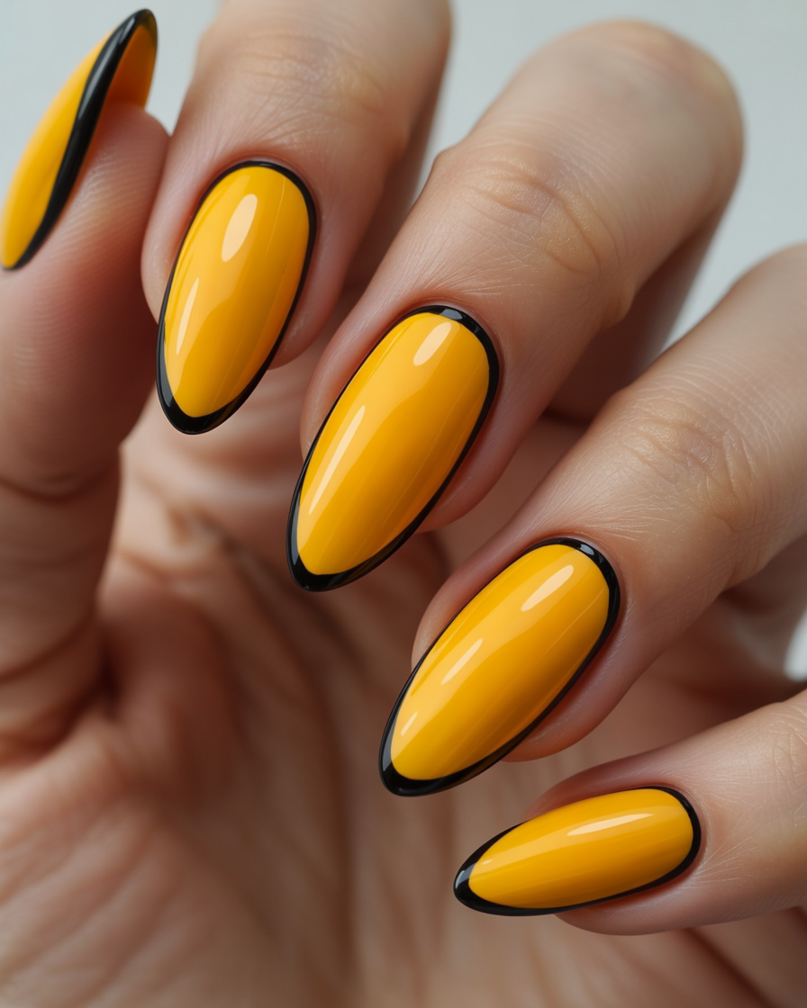 Yellow almond nails with black outline.
