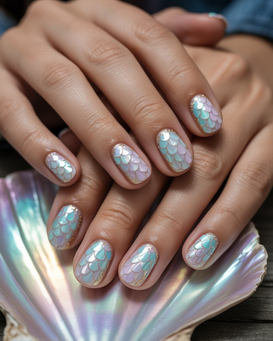  Mermaid scales nail art with shimmering greens, purples, and metallic accents.