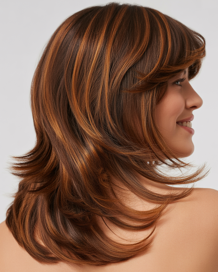  Layered chocolate brown hair with caramel highlights, adding volume and dimension to the hair for a chic, modern look.