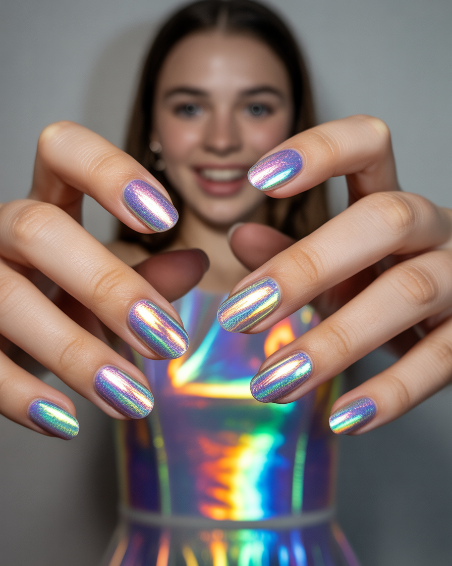 Holographic nails with a shifting, multi-colored finish for a futuristic prom design.