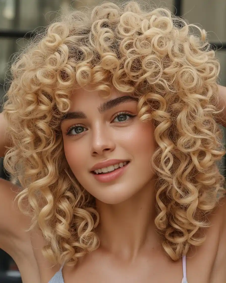 Blonde afro curls, full-bodied and voluminous, offering a bold, statement-making look with natural texture.