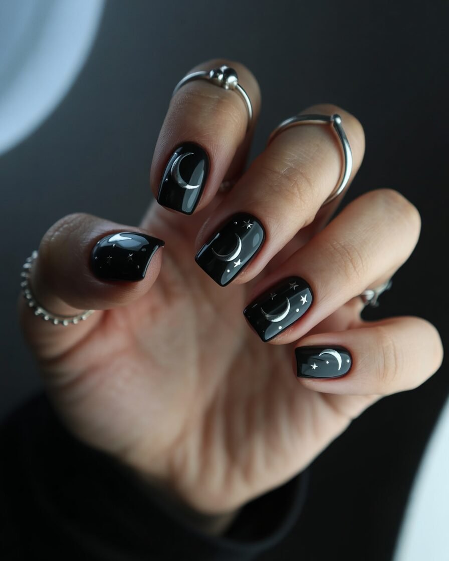 Cosmic moonlit nails with crescent moons on dark background