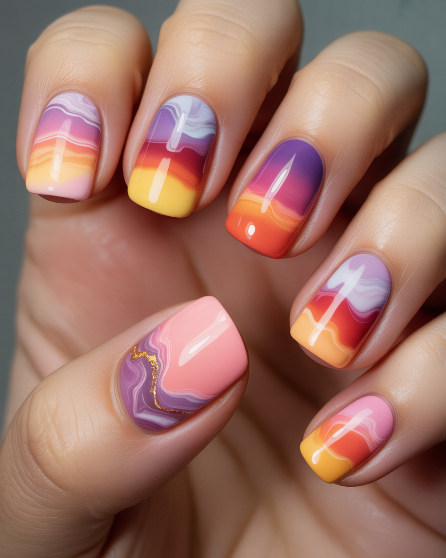 Sunset gradient nails with a soft marble finish.