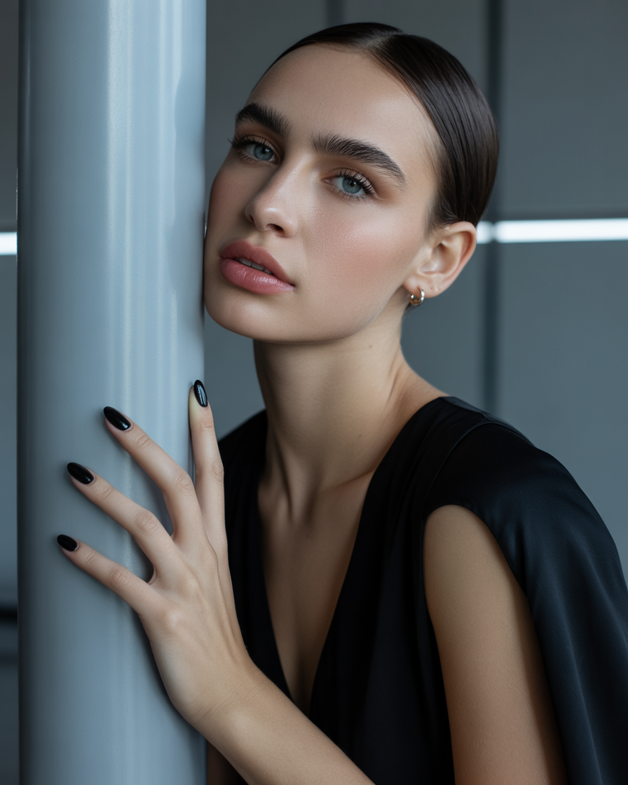 Matte black nails with glossy tips for an edgy yet elegant look on short nails