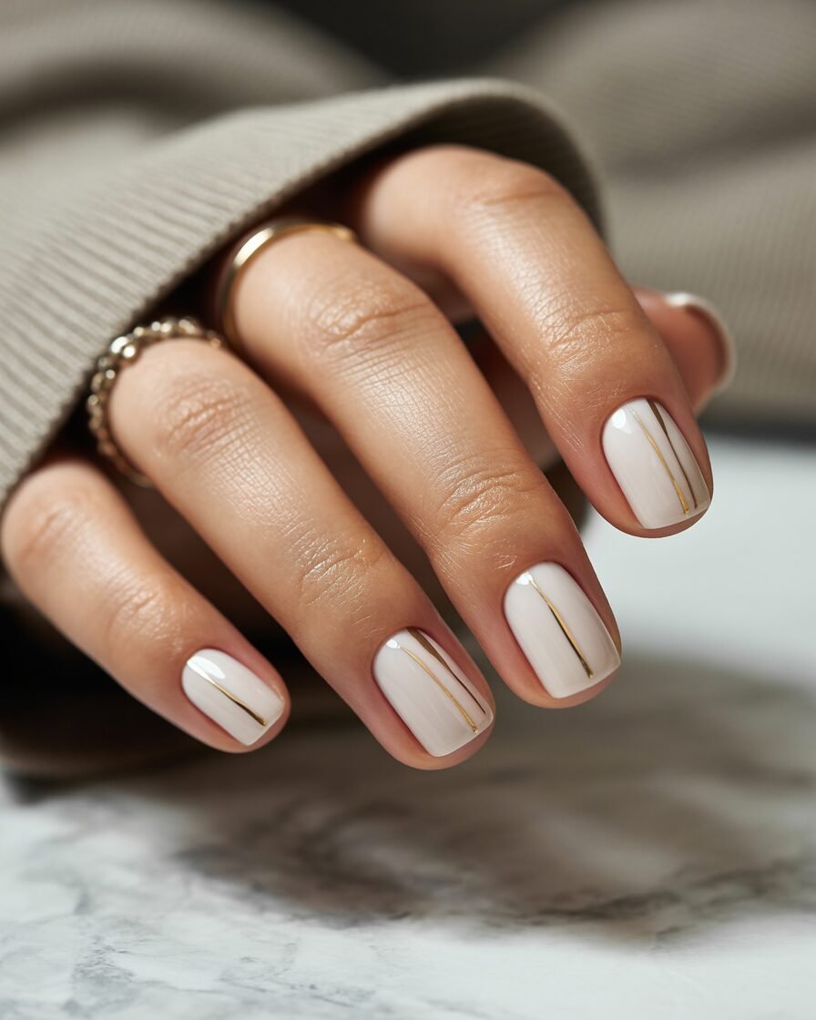 Minimalist white nails with gold accent lines