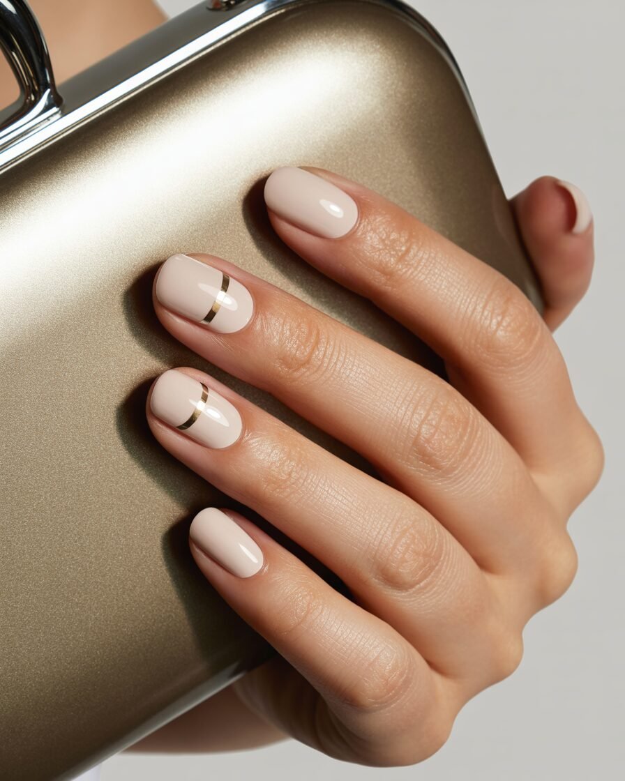 Neutral beige nails with gold metallic accents for a clean, chic summer manicure