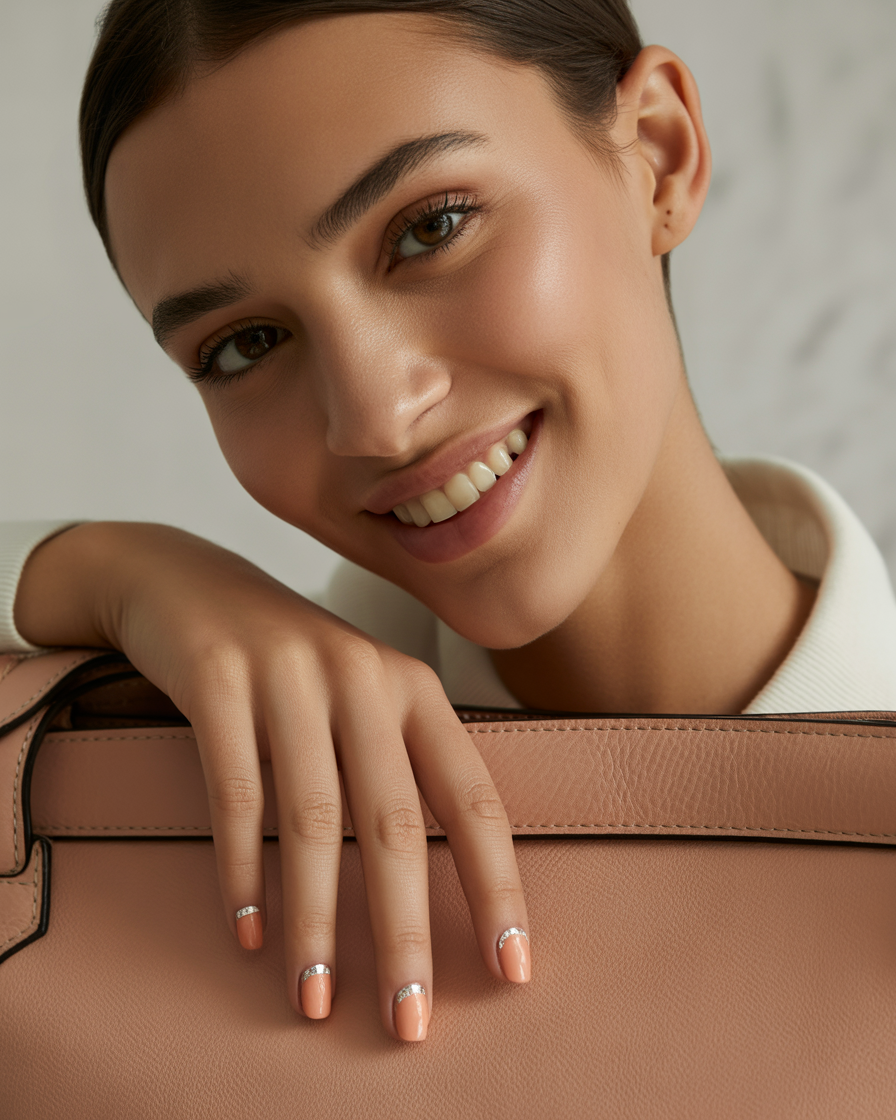 Peachy nude nails with silver foil accents, offering a modern and elegant look for short nails.