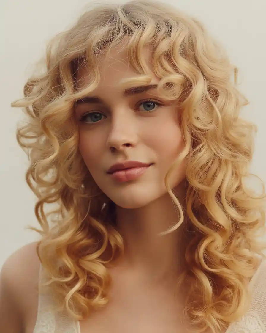  Soft blonde curls, voluminous and full of movement, offering an elegant and romantic style.
