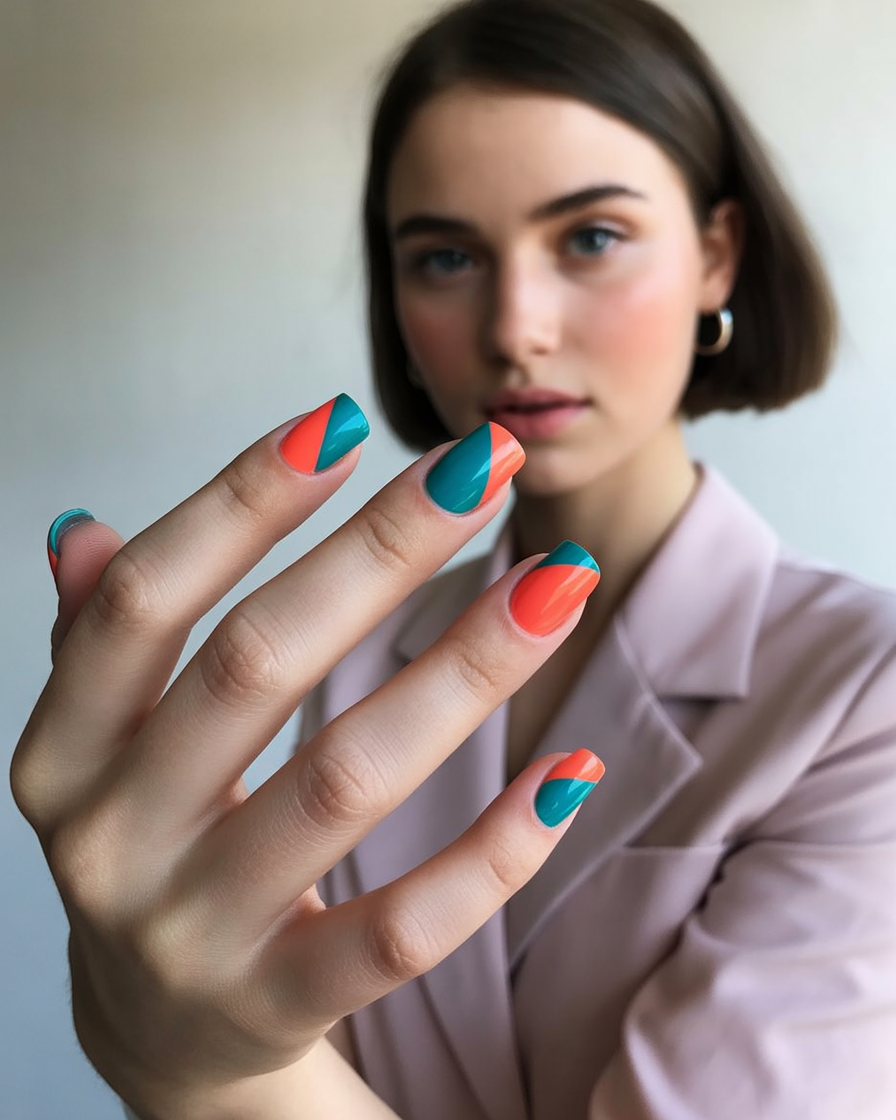 Color block nails in contrasting teal and coral colors, perfect for a trendy summer look.